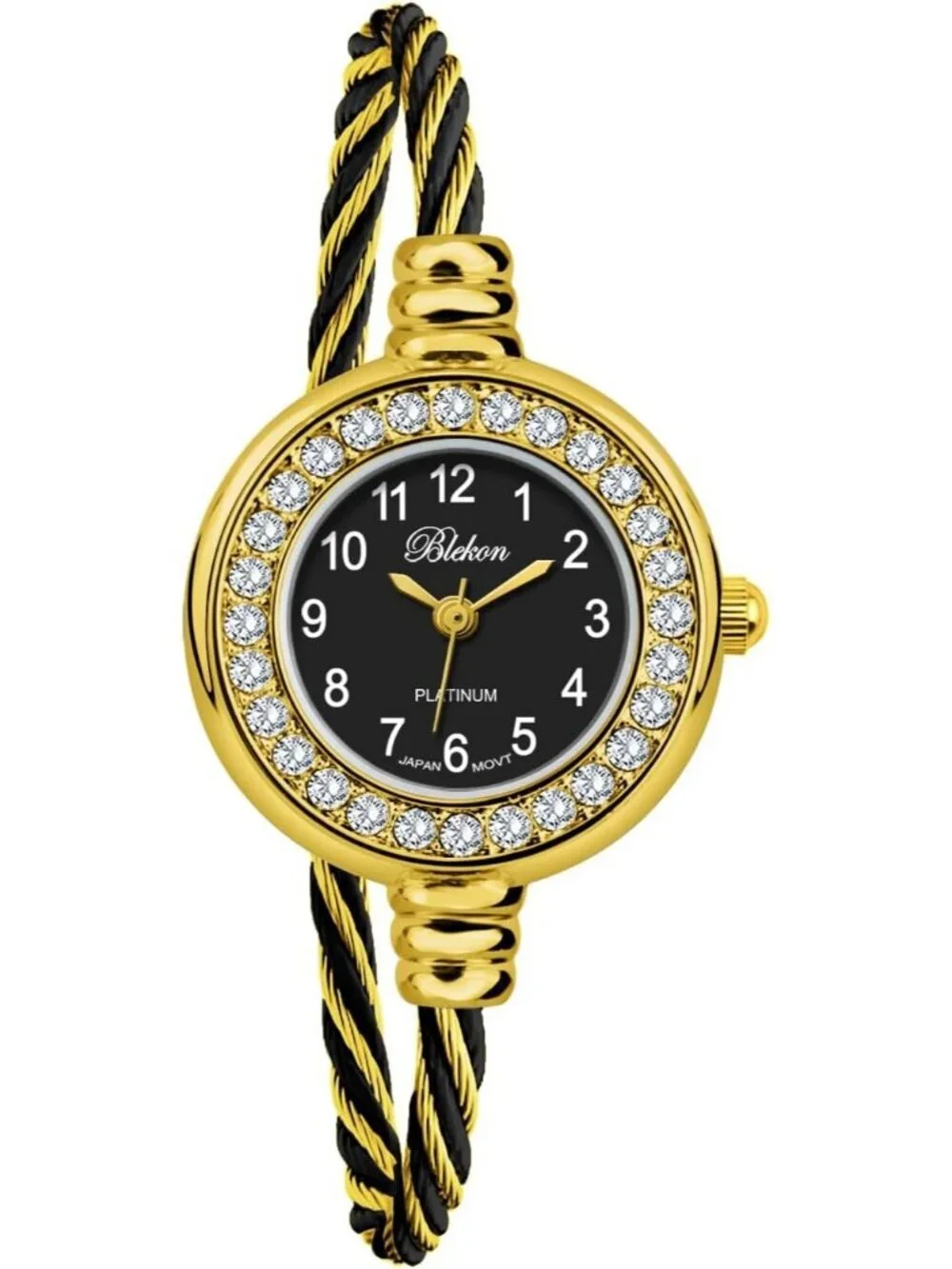 Womens Gold And Black Analog Cable Cuff Arabic Numbers Rhinestone Bracelet Watch